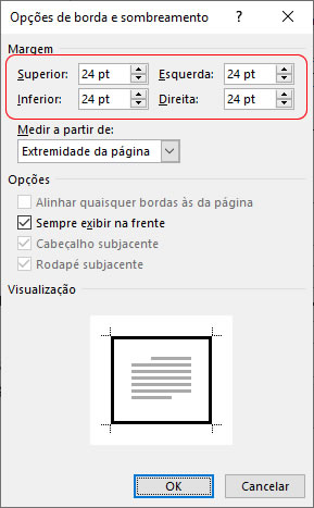 Configurar margem da borda e sombreamento