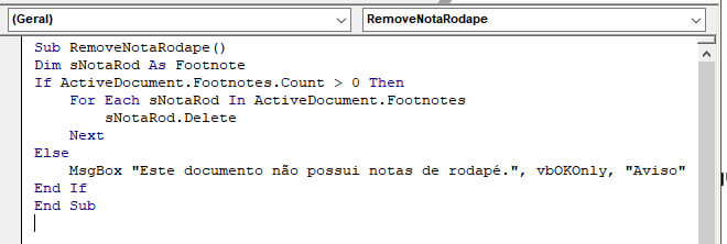 Código VBA para excluir Nota de Rodapé