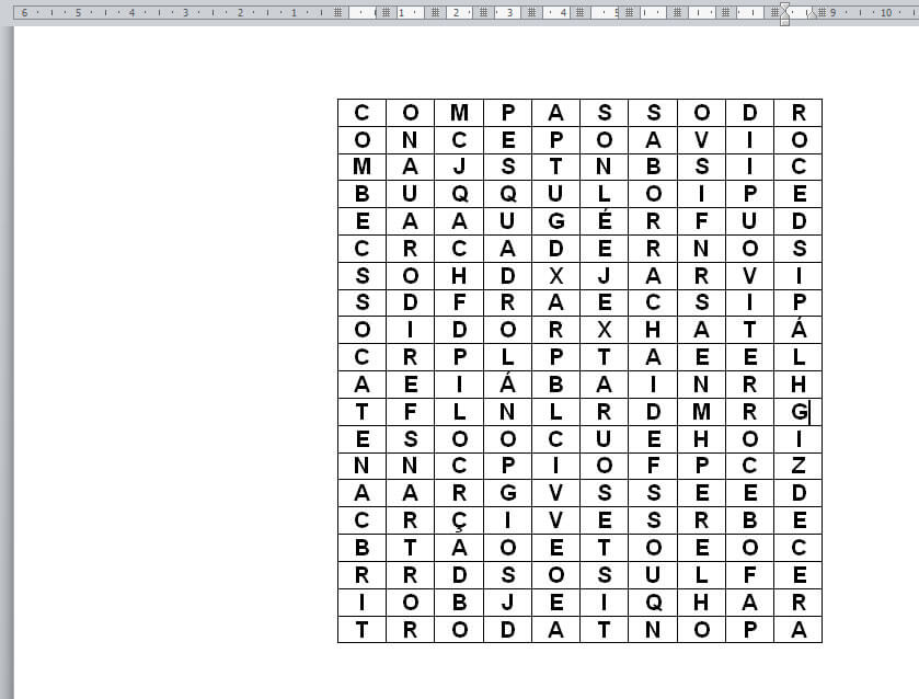 tabela preenchida com letras
