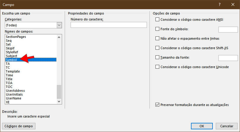 Inserir Campo Symbol