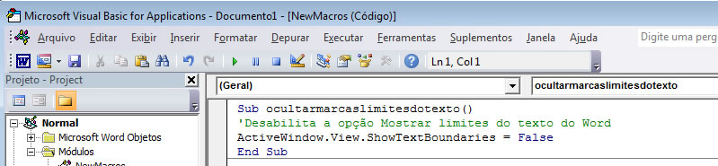 Ocultar Limites do Texto - Código