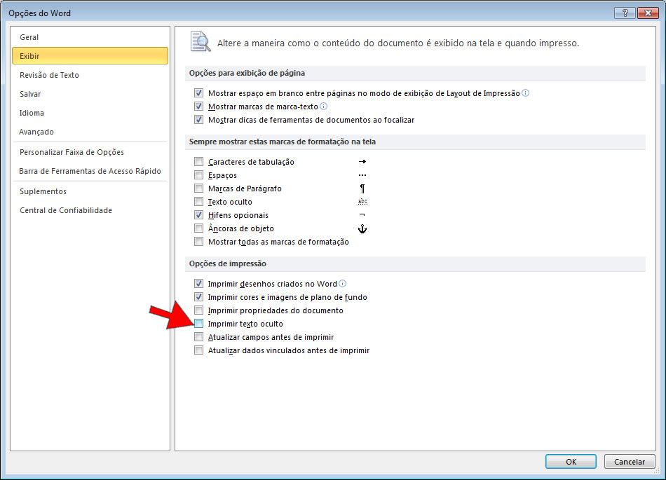 desabilitar a opo imprimir texto oculto