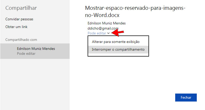 alterar a permisso de compartilhamento no Word Online