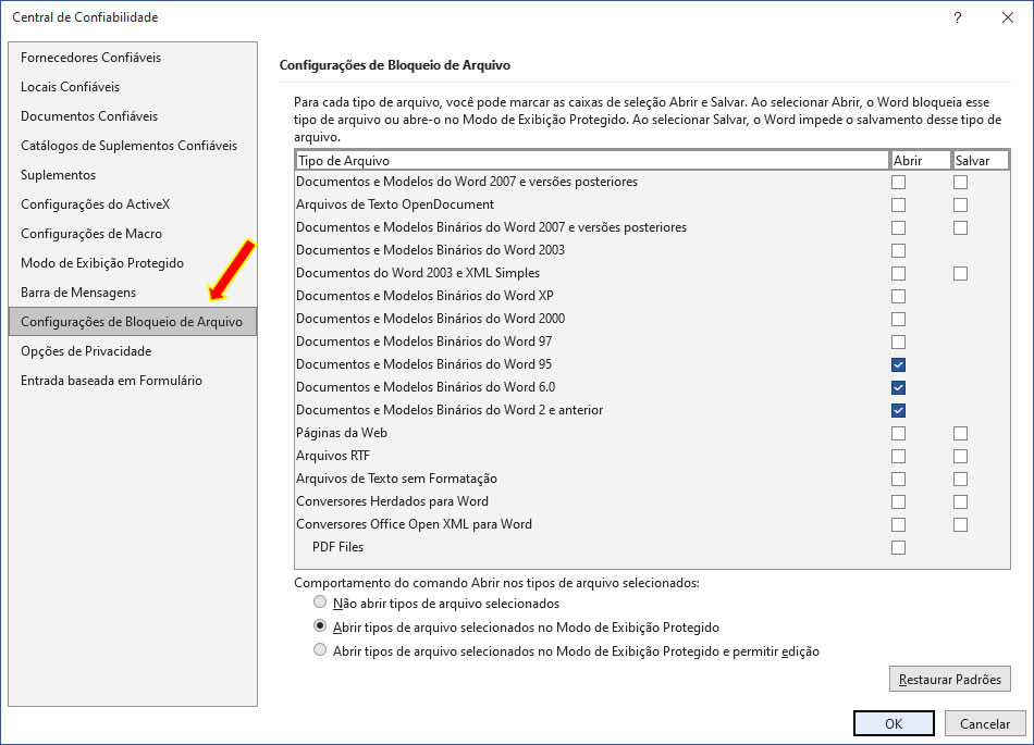 Configurações de Bloqueio de Arquivo