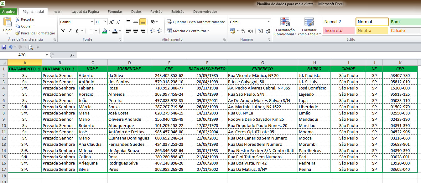Planilha de dados para mala direta
