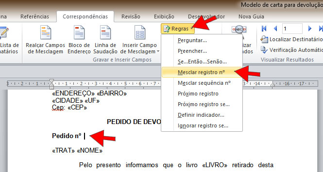 Inserir regra mesclar registro nº