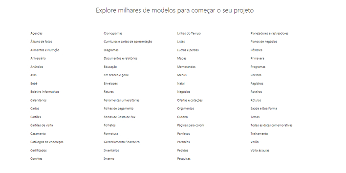 todas as categorias de modelos do Office