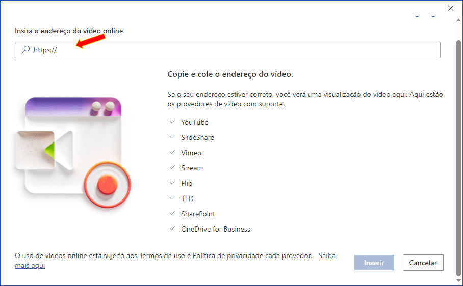 Colar o endereço do vídeo online