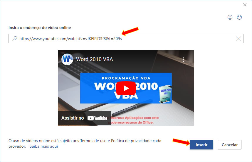 Visualização do vídeo online no Word