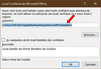 Local do Modelo Normal do Word 365