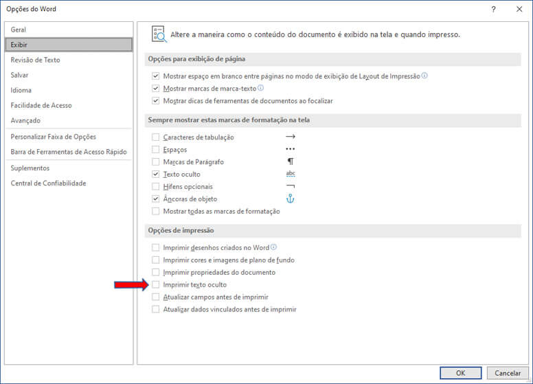 desabilitar a opção Imprimir Texto Oculto