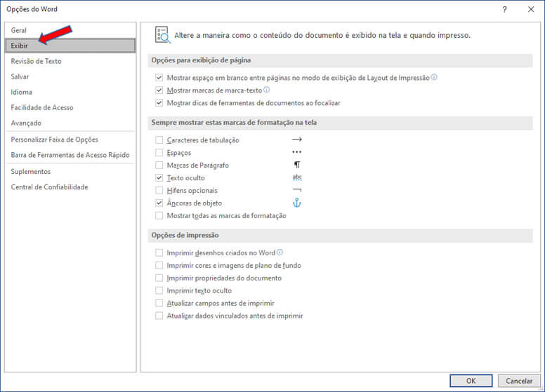 Opções do Word Exibir