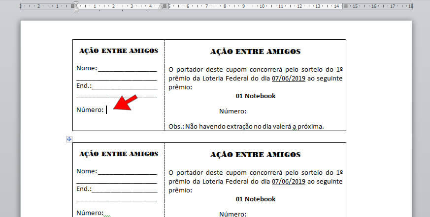 Modelo de rifa Numerada automaticamente no word